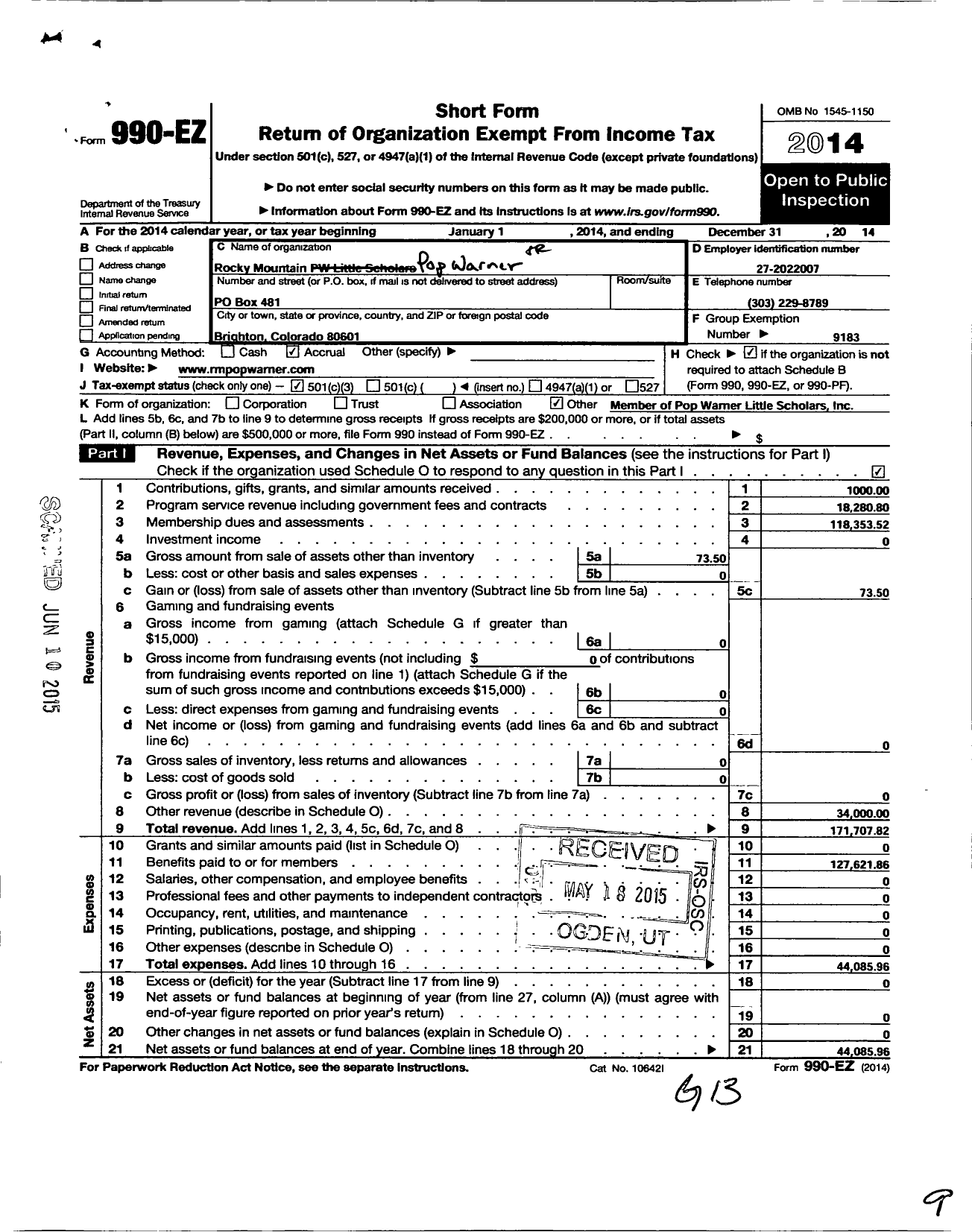 Image of first page of 2014 Form 990EZ for Pop Warner Little Scholars / Rocky Mountain PW Little Scholars