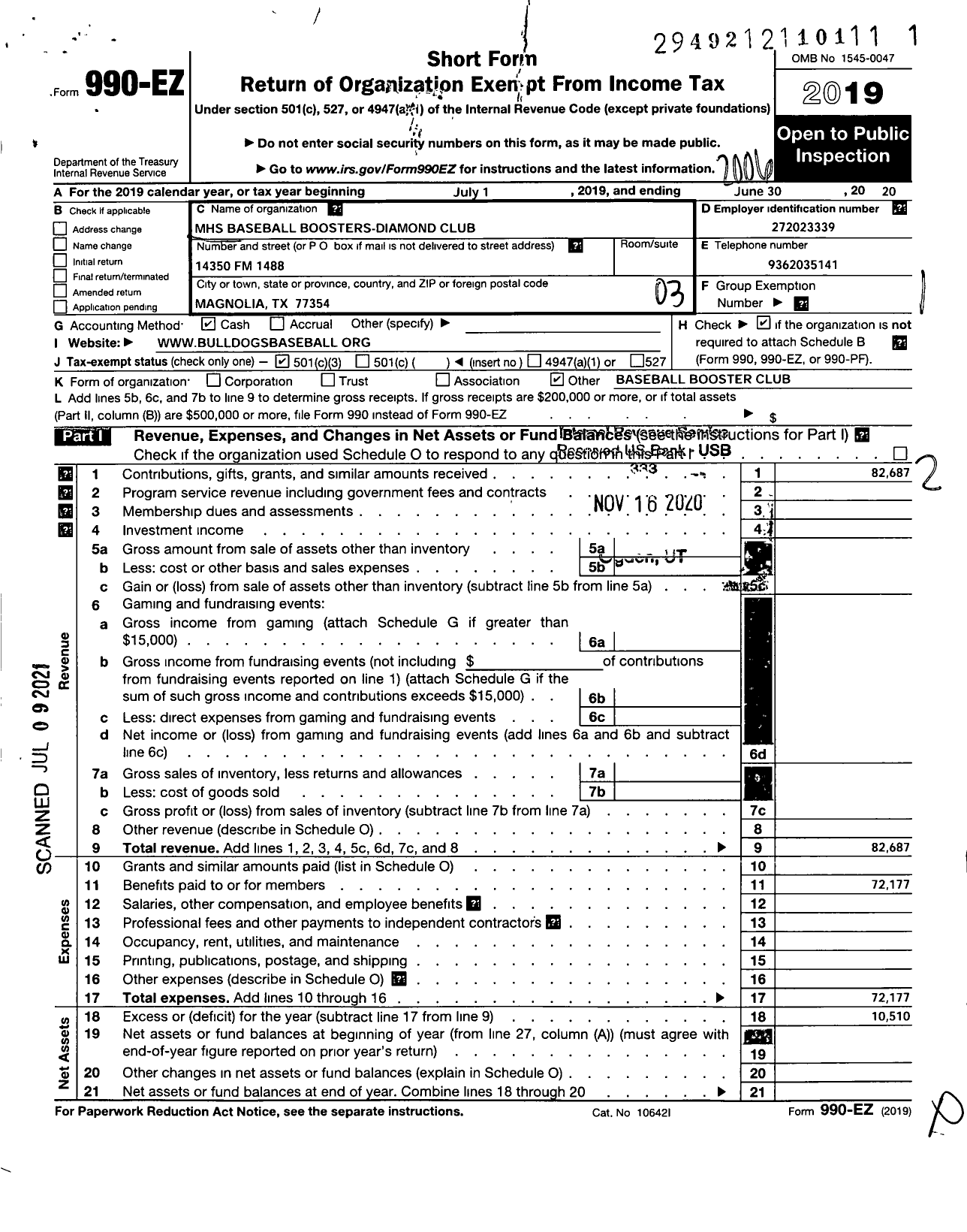 Image of first page of 2019 Form 990EZ for MHS Baseball Boosters-Diamond Club