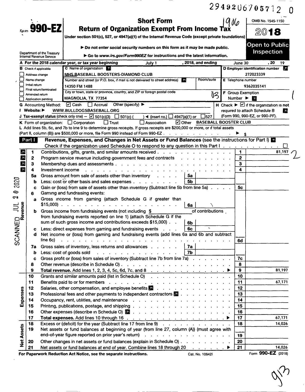 Image of first page of 2018 Form 990EZ for MHS Baseball Boosters-Diamond Club