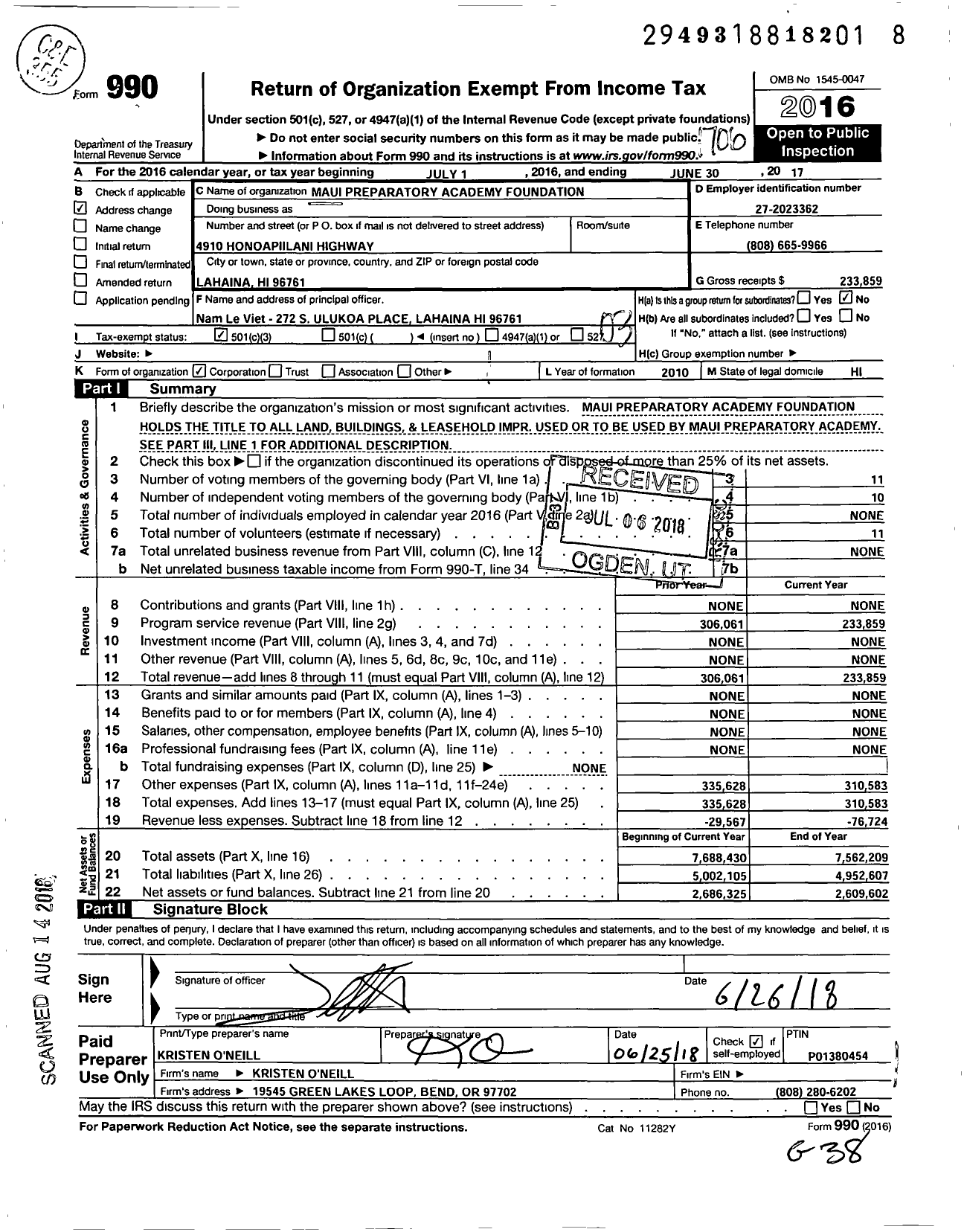 Image of first page of 2016 Form 990 for Maui Preparatory Academy Foundation