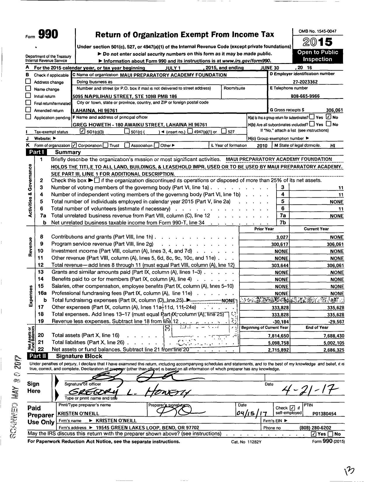 Image of first page of 2015 Form 990 for Maui Preparatory Academy Foundation