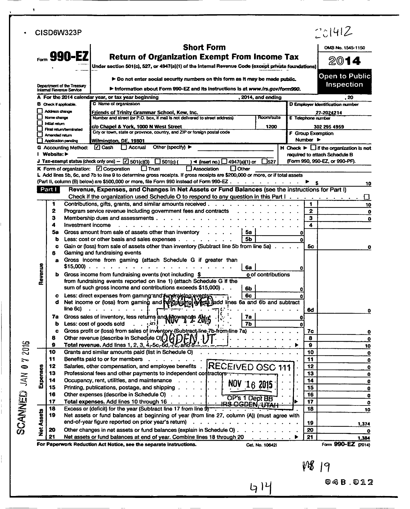 Image of first page of 2014 Form 990EZ for Friends of Trinity Grammar School Kew