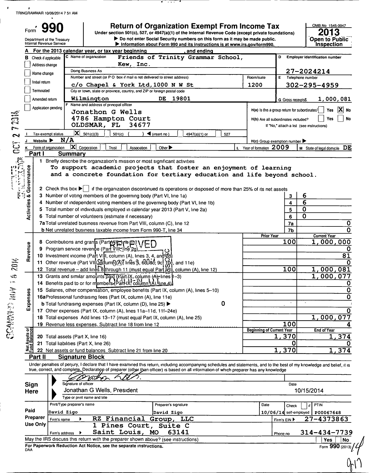 Image of first page of 2013 Form 990 for Friends of Trinity Grammar School Kew