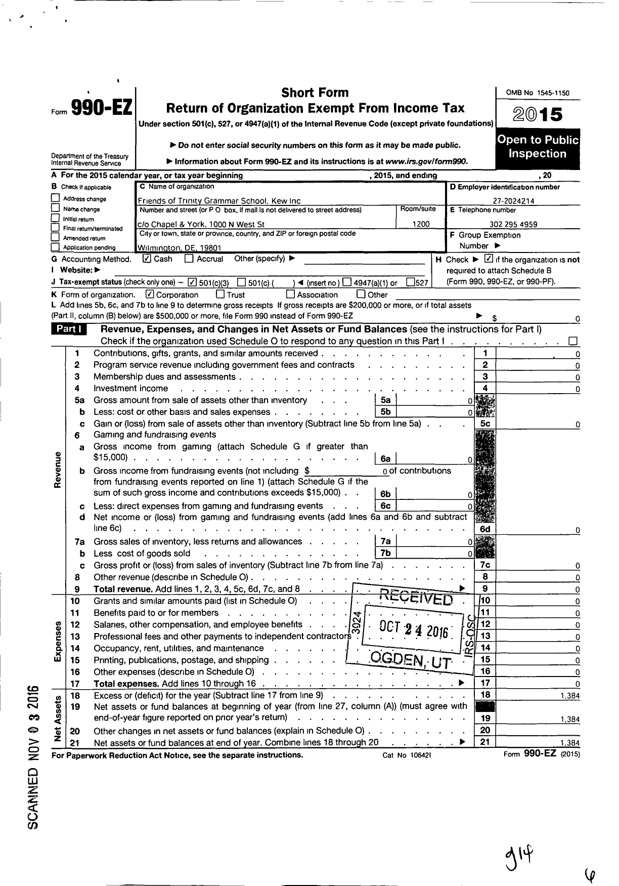 Image of first page of 2015 Form 990EZ for Friends of Trinity Grammar School Kew