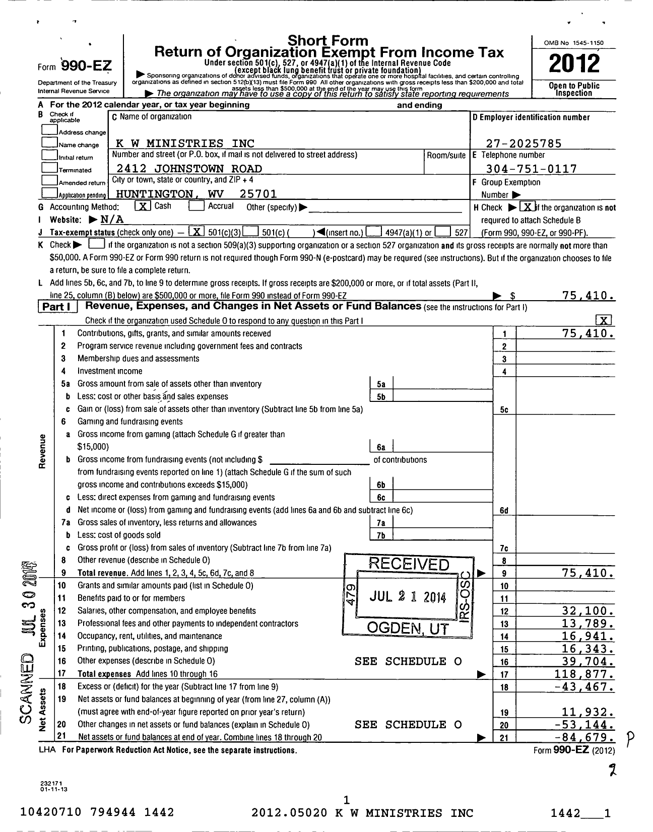 Image of first page of 2012 Form 990EZ for K W Ministries