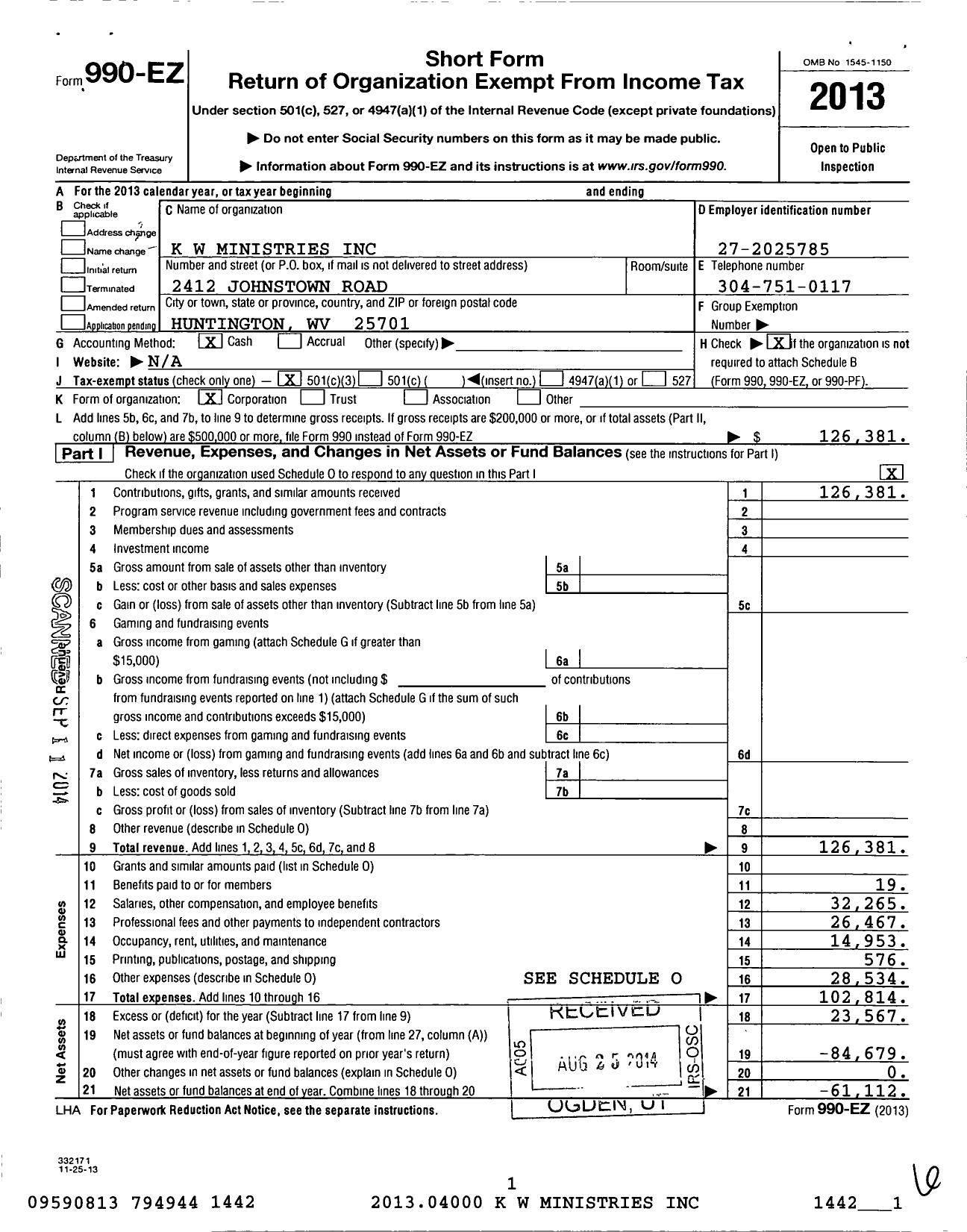 Image of first page of 2013 Form 990EZ for K W Ministries