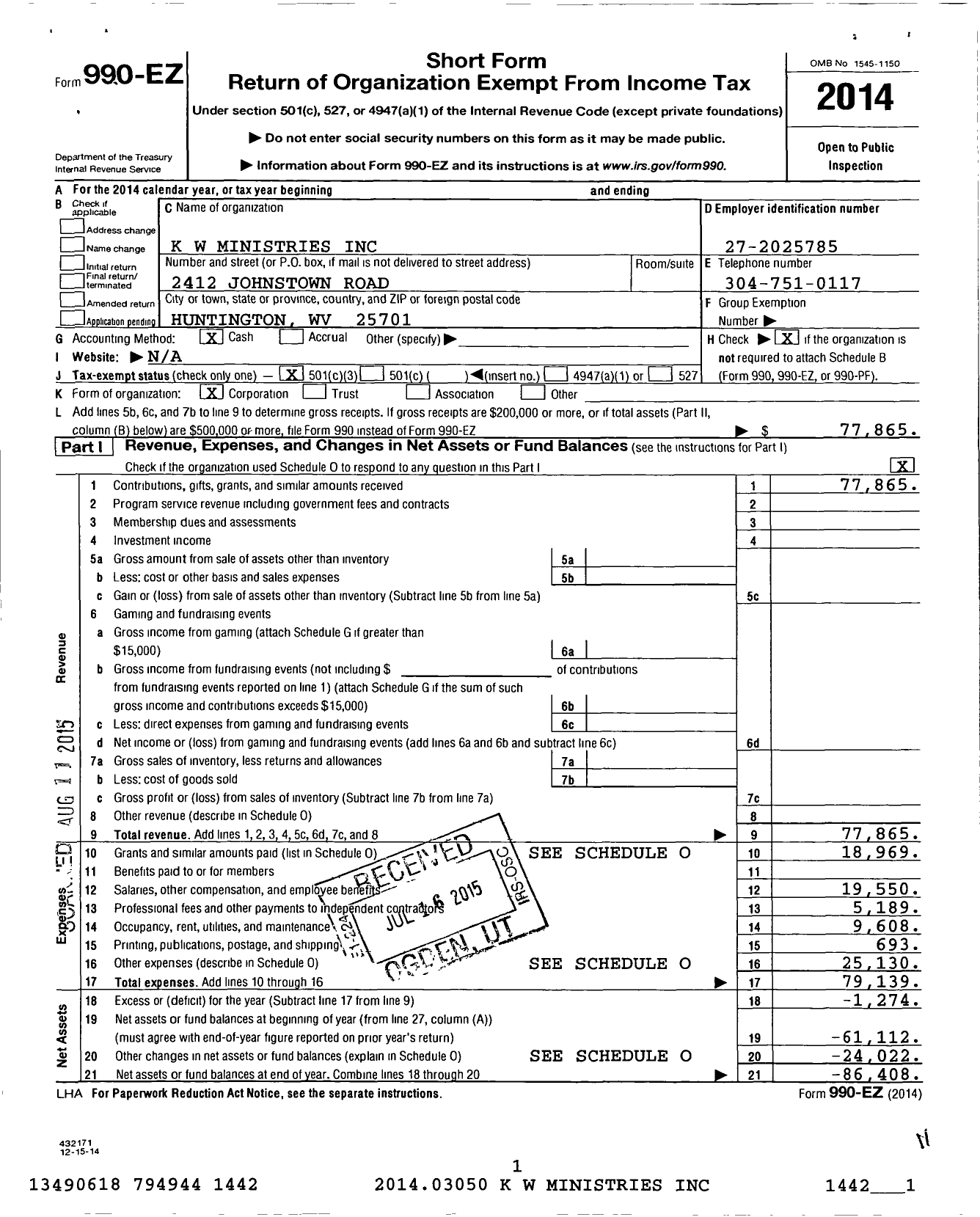 Image of first page of 2014 Form 990EZ for K W Ministries