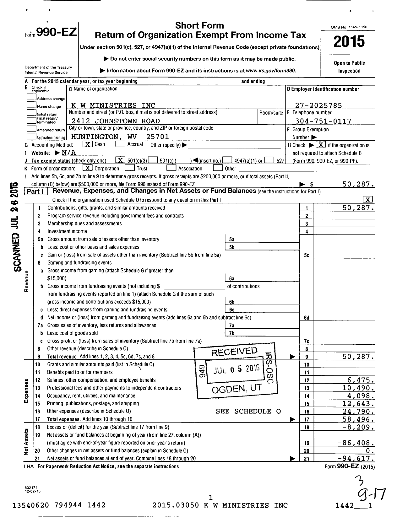 Image of first page of 2015 Form 990EZ for K W Ministries