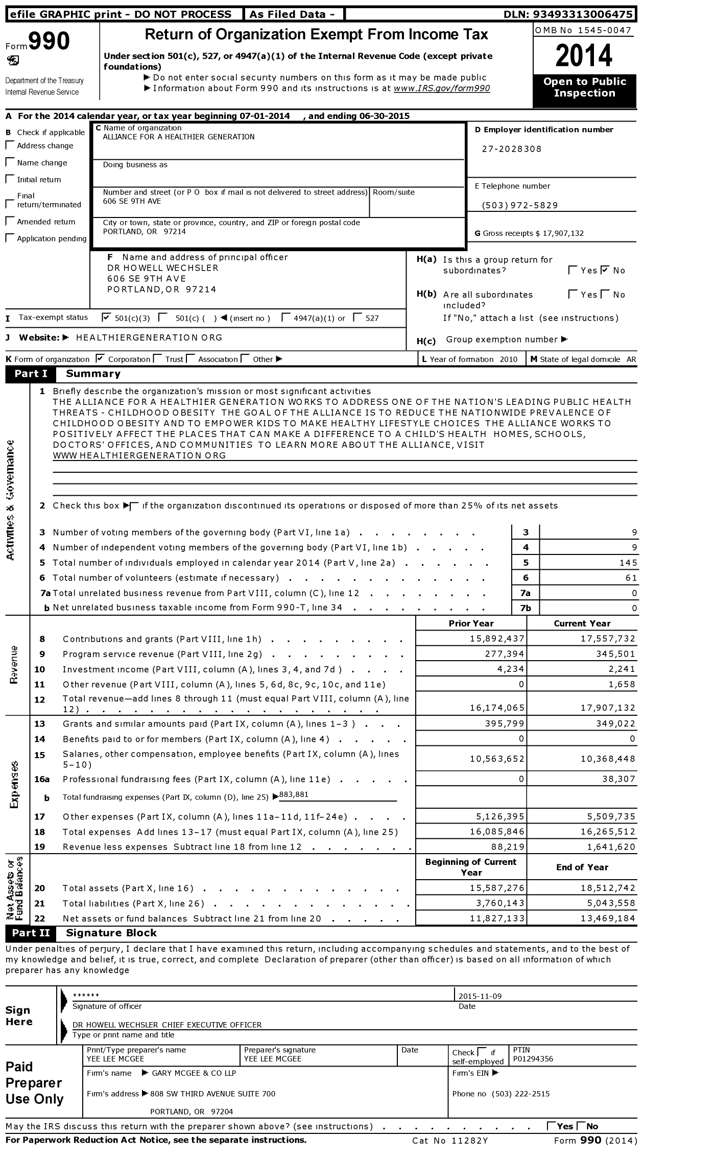 Image of first page of 2014 Form 990 for Alliance for a Healthier Generation