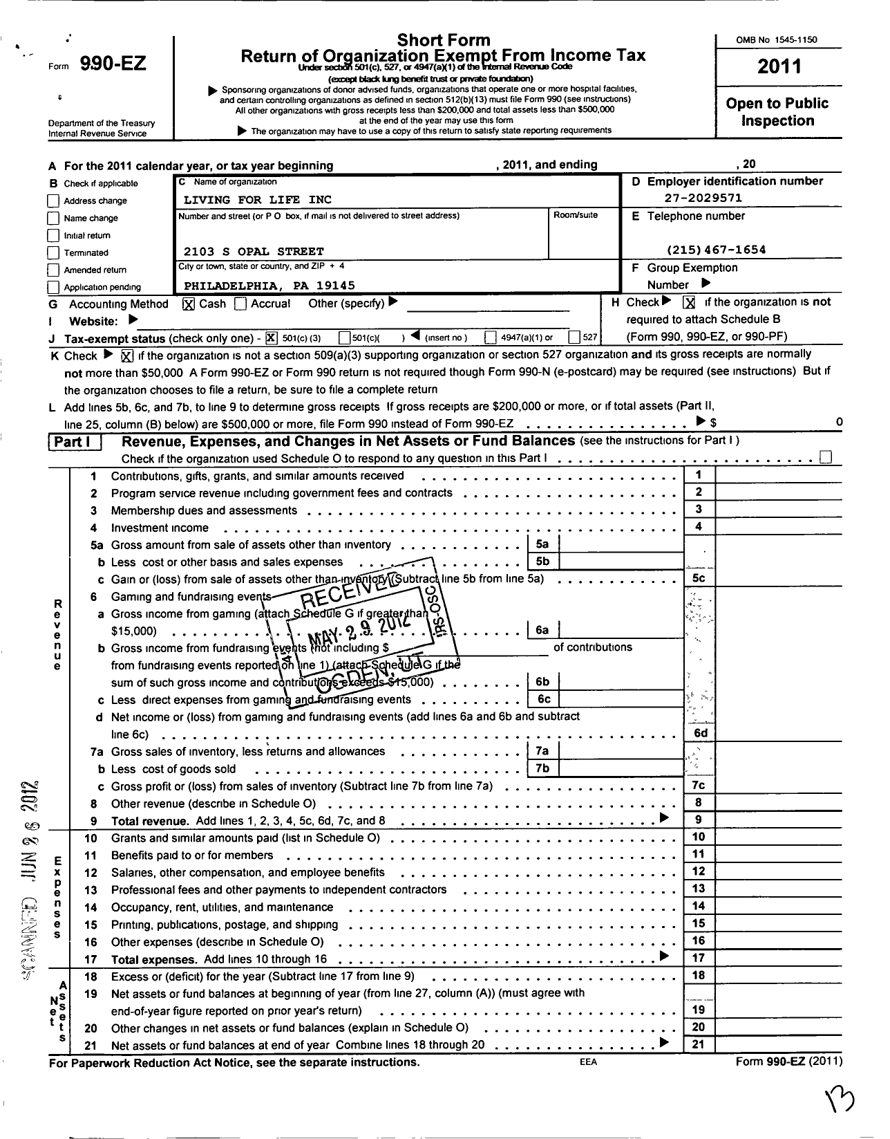 Image of first page of 2011 Form 990EZ for Living for Life
