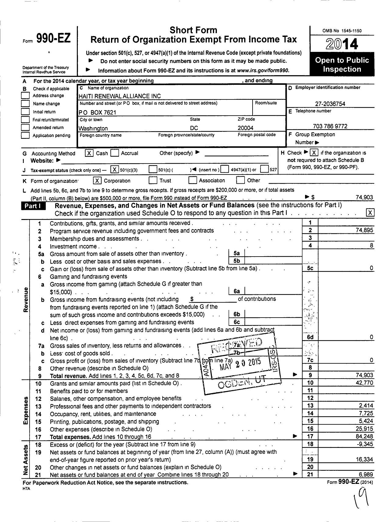 Image of first page of 2014 Form 990EZ for Haiti Renewal Alliance (HRA)