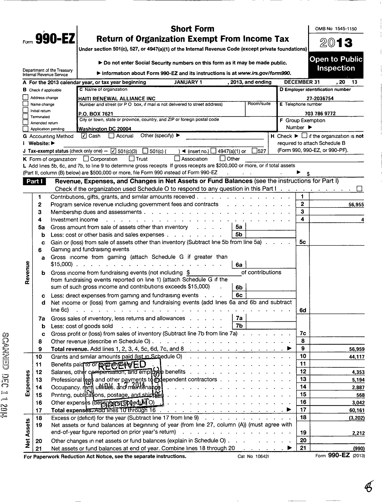 Image of first page of 2013 Form 990EZ for Haiti Renewal Alliance (HRA)