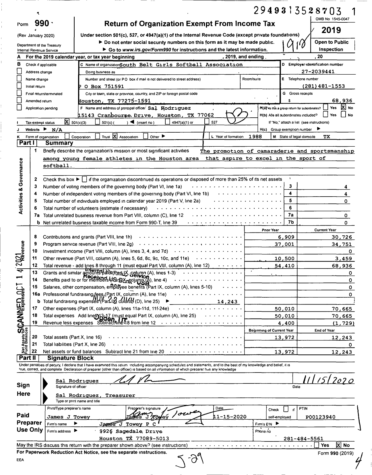 Image of first page of 2019 Form 990 for South Belt Girls Softball Association