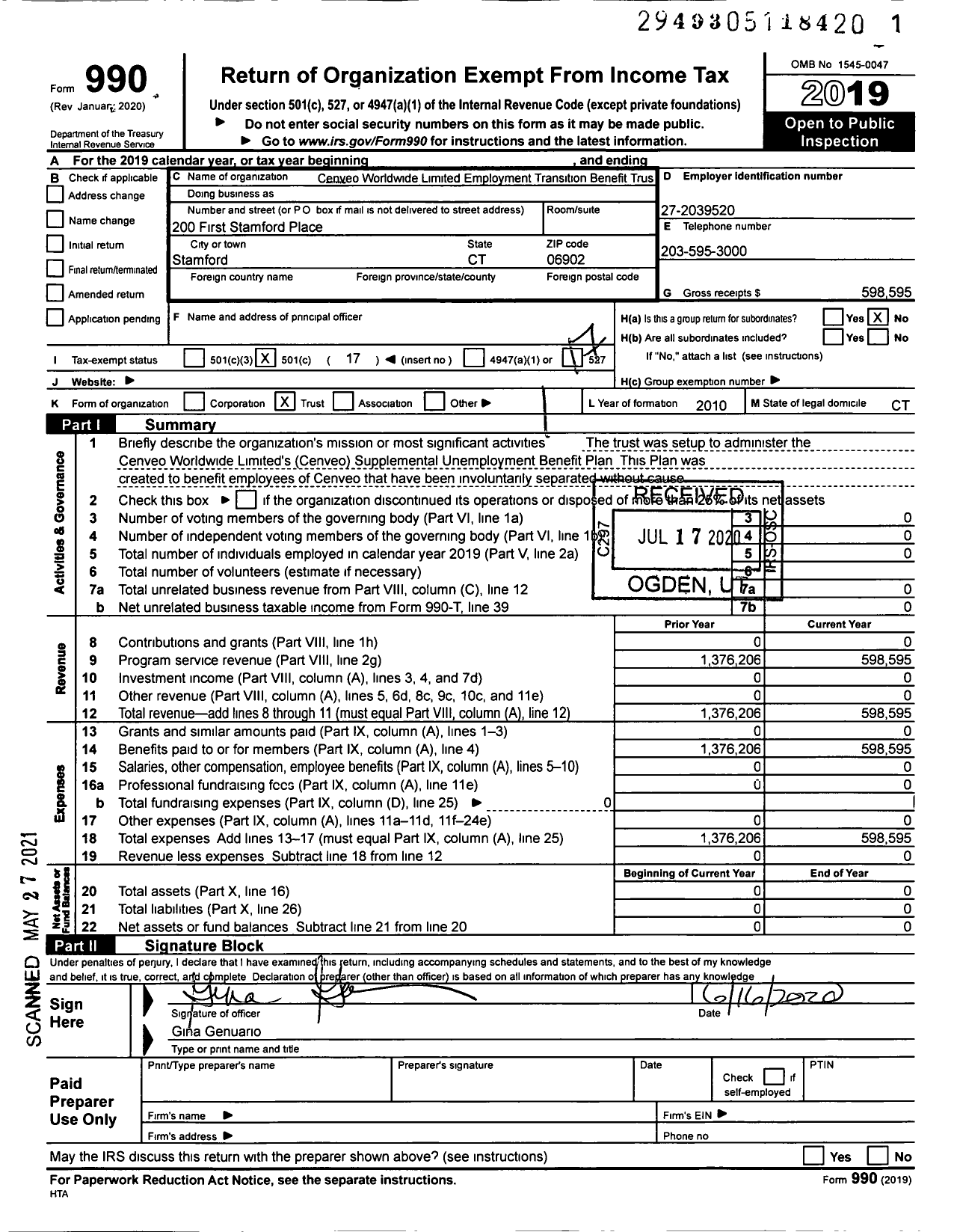 Image of first page of 2019 Form 990O for Cenveo Worldwide Limited Employment Transition Benefit Trust