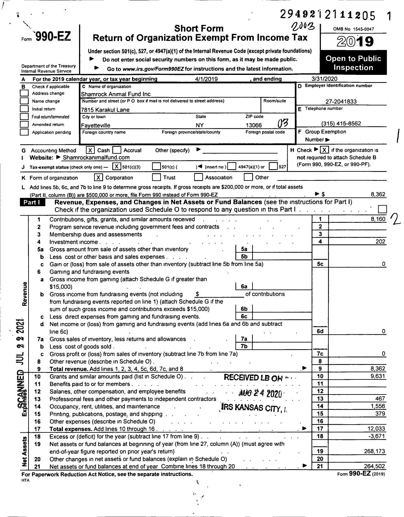 Image of first page of 2019 Form 990EZ for Shamrock Animal Fund