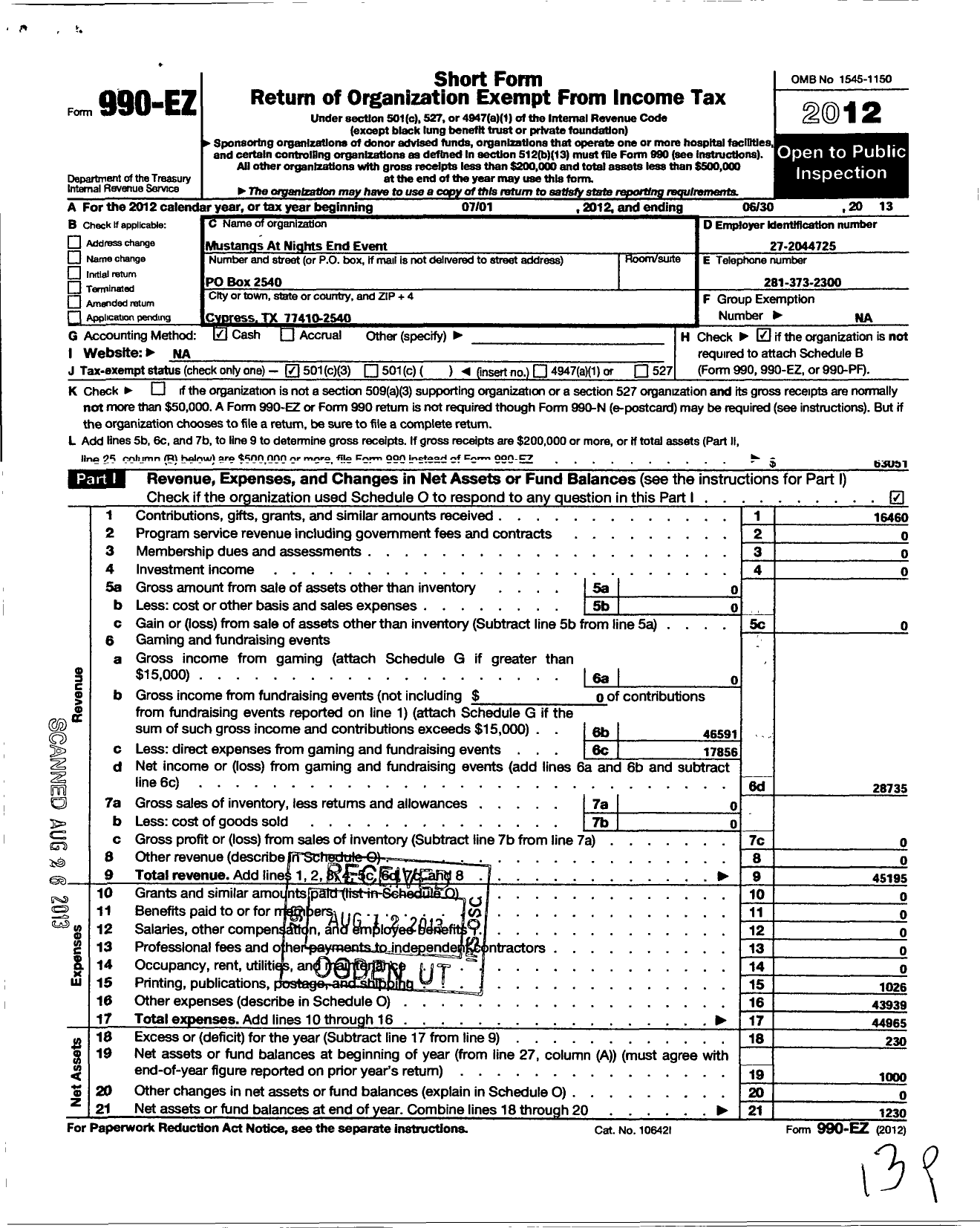 Image of first page of 2012 Form 990EZ for Mustangs at Nights End Event