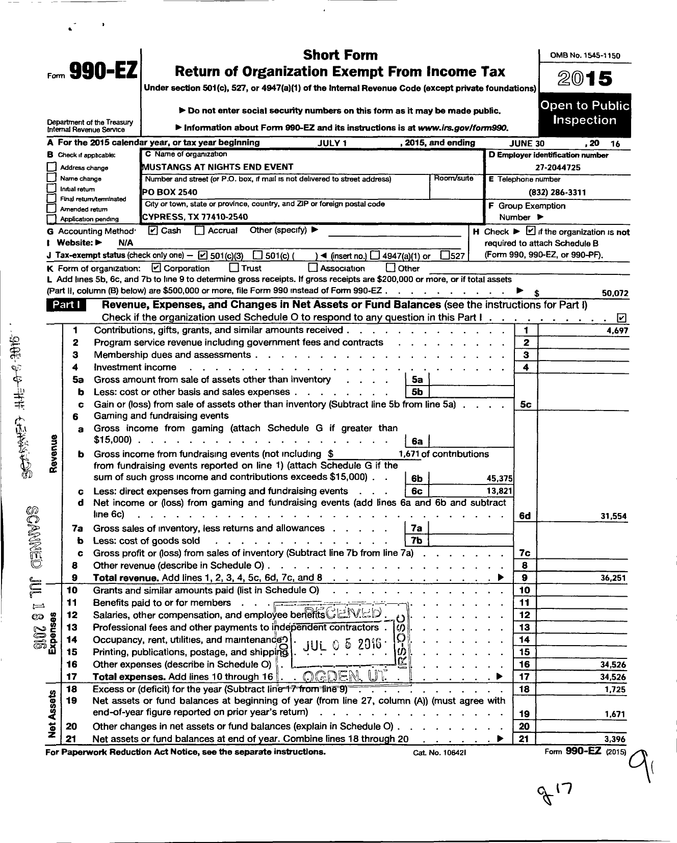 Image of first page of 2015 Form 990EZ for Mustangs at Nights End Event