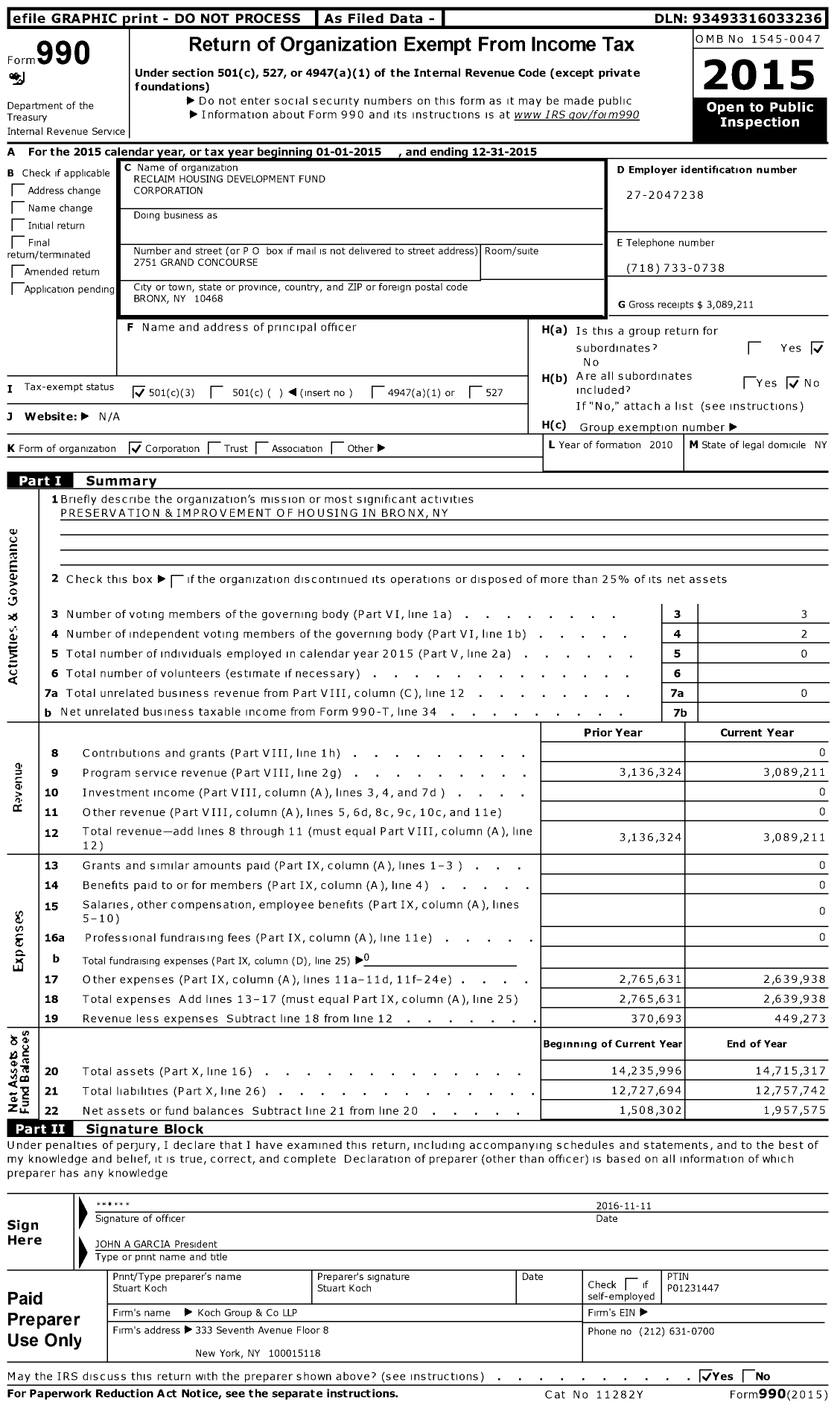 Image of first page of 2015 Form 990 for Reclaim Housing Development Fund Corporation