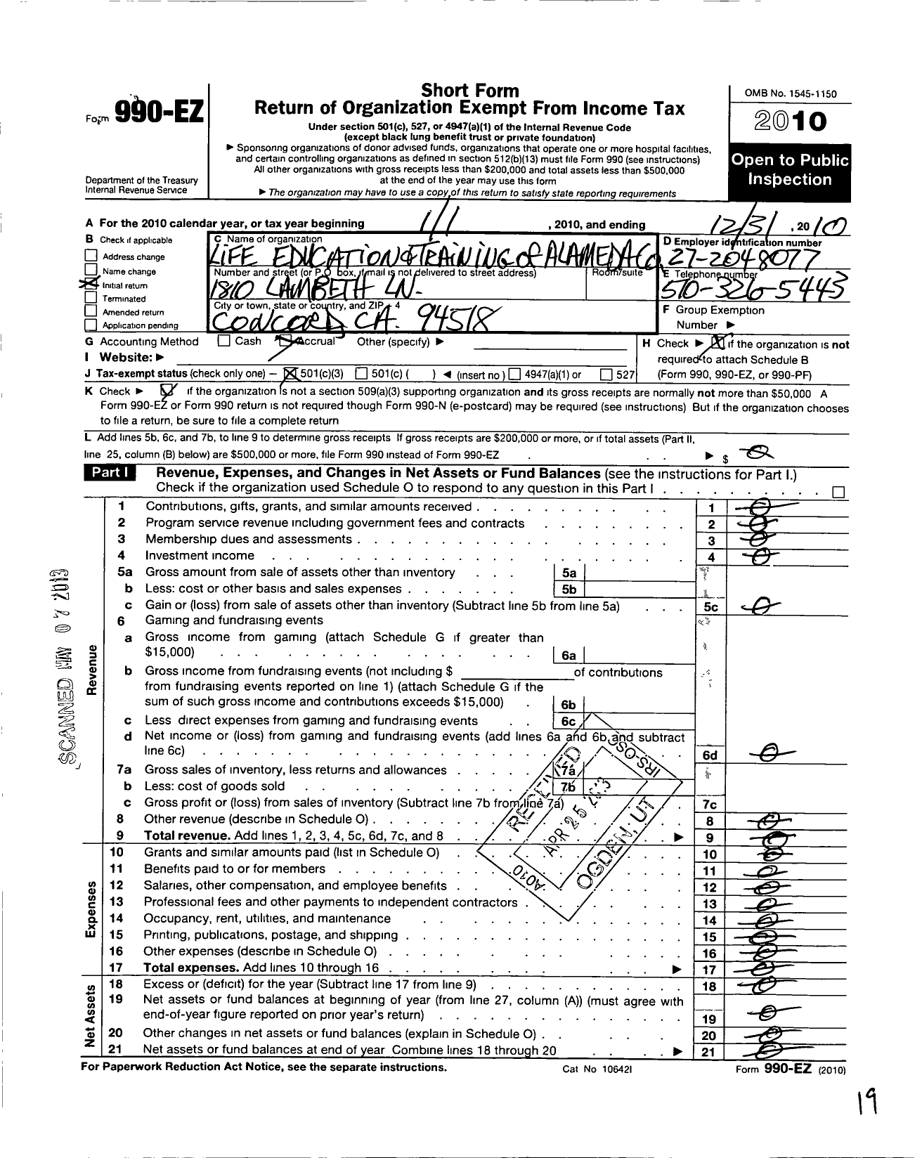 Image of first page of 2010 Form 990EZ for Life Education and Training of Alameda County