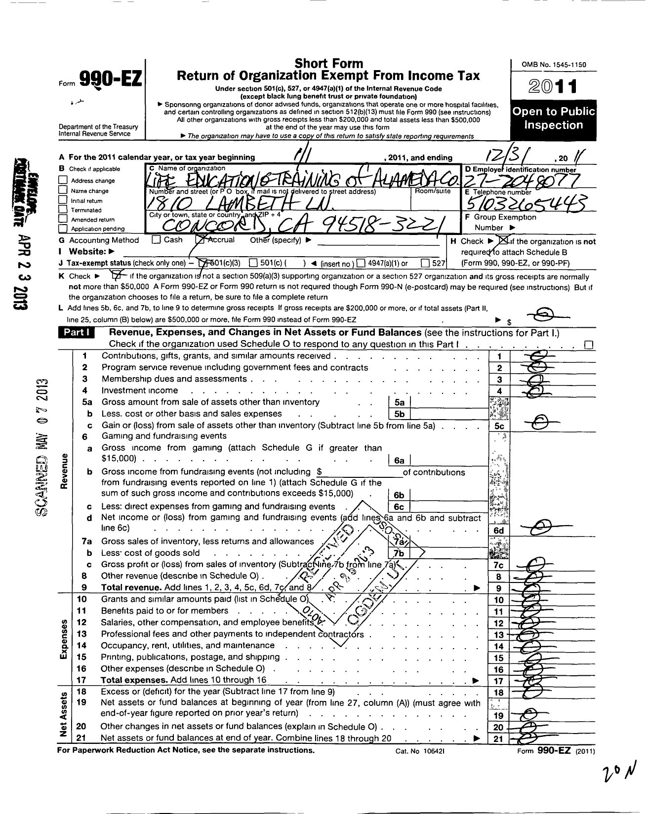 Image of first page of 2011 Form 990EZ for Life Education and Training of Alameda County