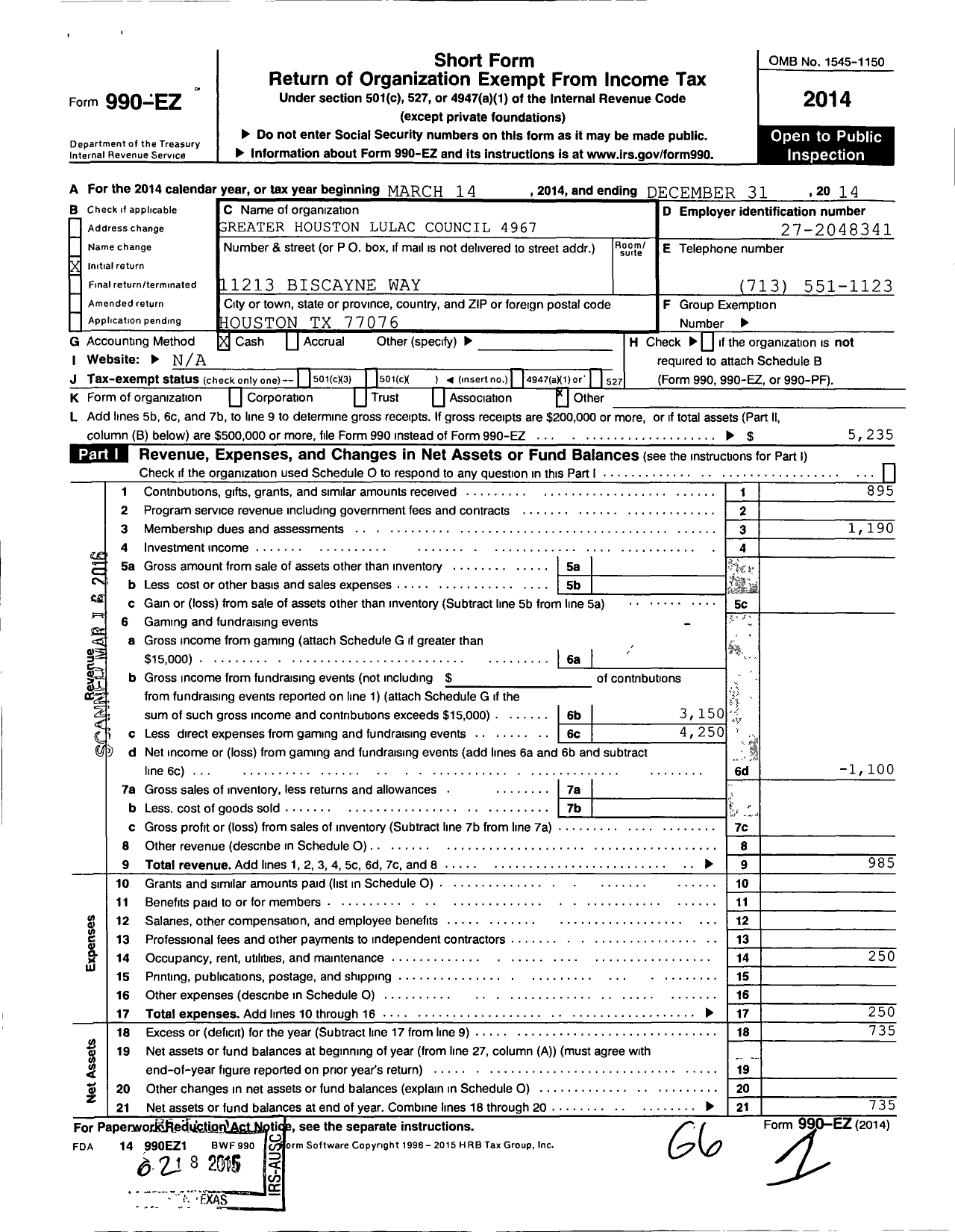 Image of first page of 2014 Form 990EO for Greater Houston LULAC Council 4967