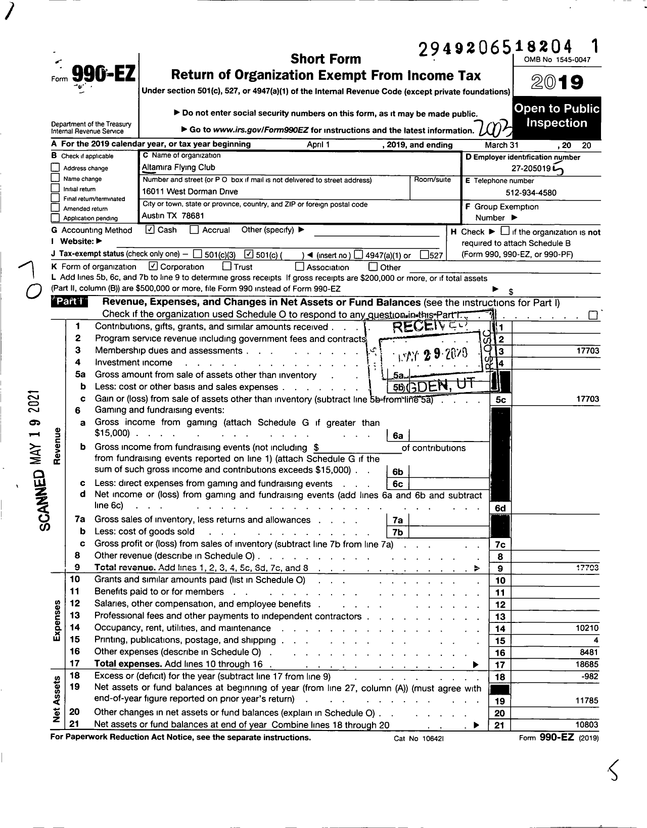 Image of first page of 2019 Form 990EO for Altamira Flying Club