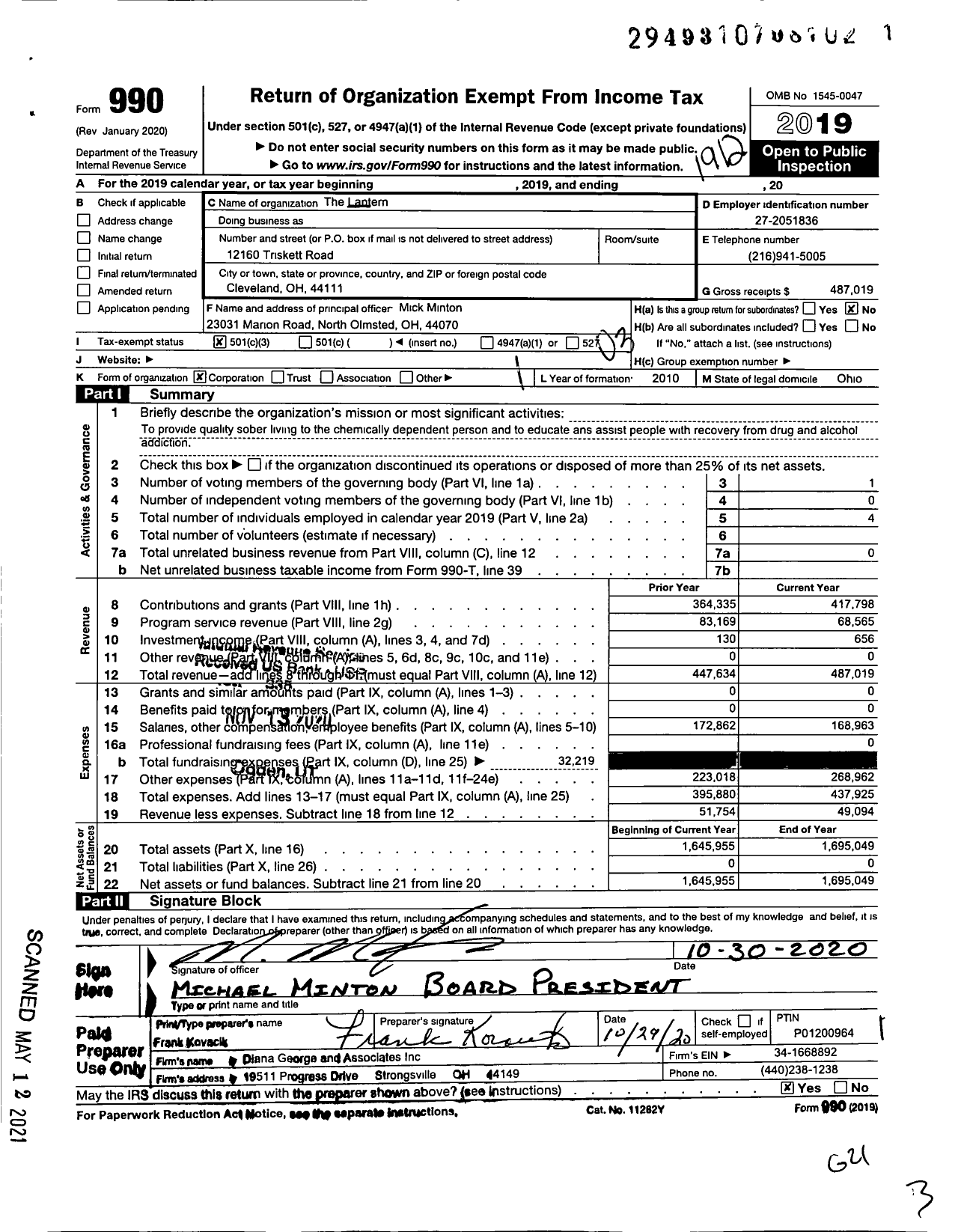 Image of first page of 2019 Form 990 for The Lantern