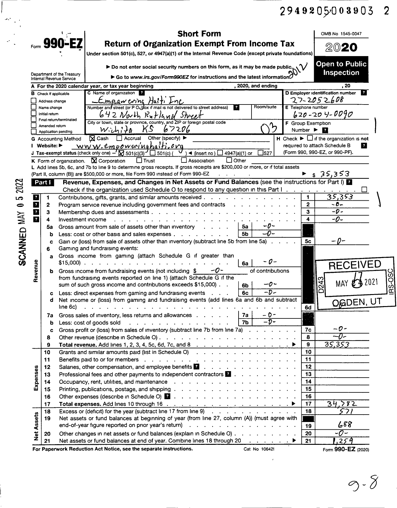Image of first page of 2020 Form 990EZ for Empowering Haiti