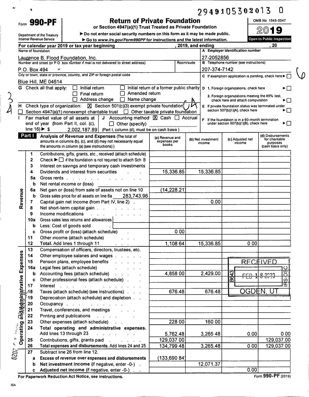 Image of first page of 2019 Form 990PR for Laurence B Flood Foundation