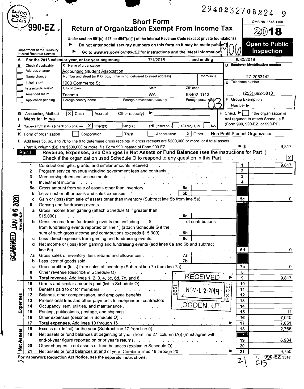 Image of first page of 2018 Form 990EZ for Accounting Student Association