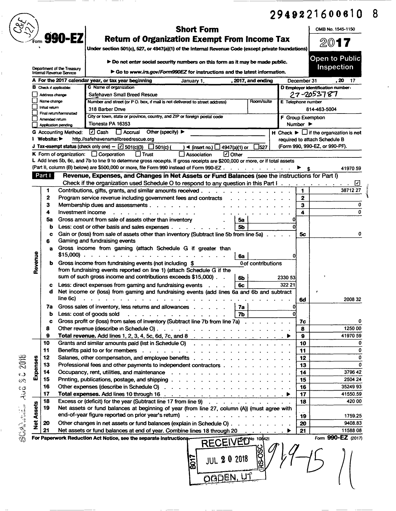 Image of first page of 2017 Form 990EZ for Safehaven Small Breed Rescue