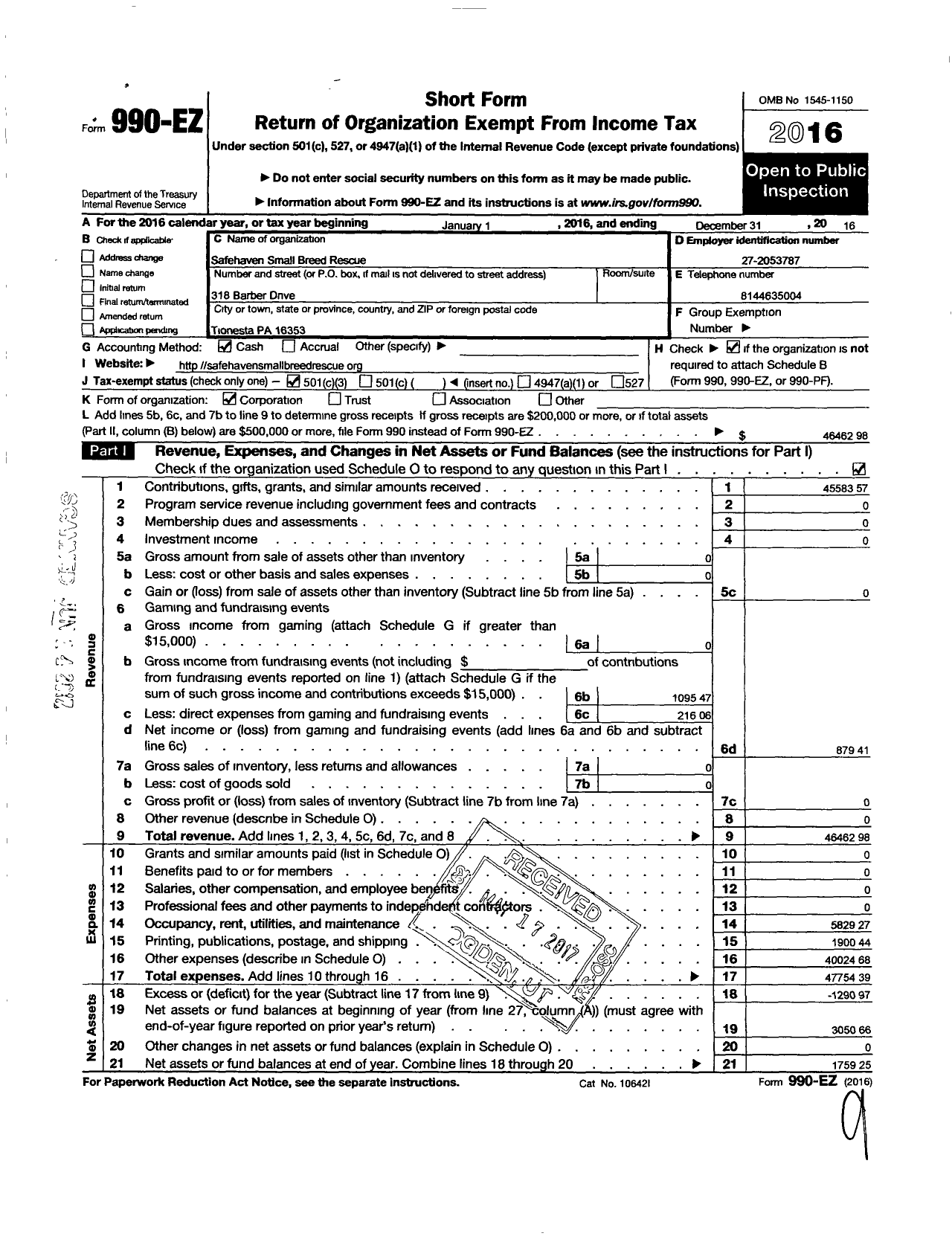 Image of first page of 2016 Form 990EZ for Safehaven Small Breed Rescue