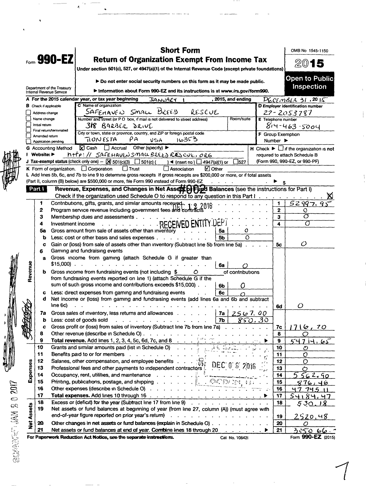 Image of first page of 2015 Form 990EZ for Safehaven Small Breed Rescue