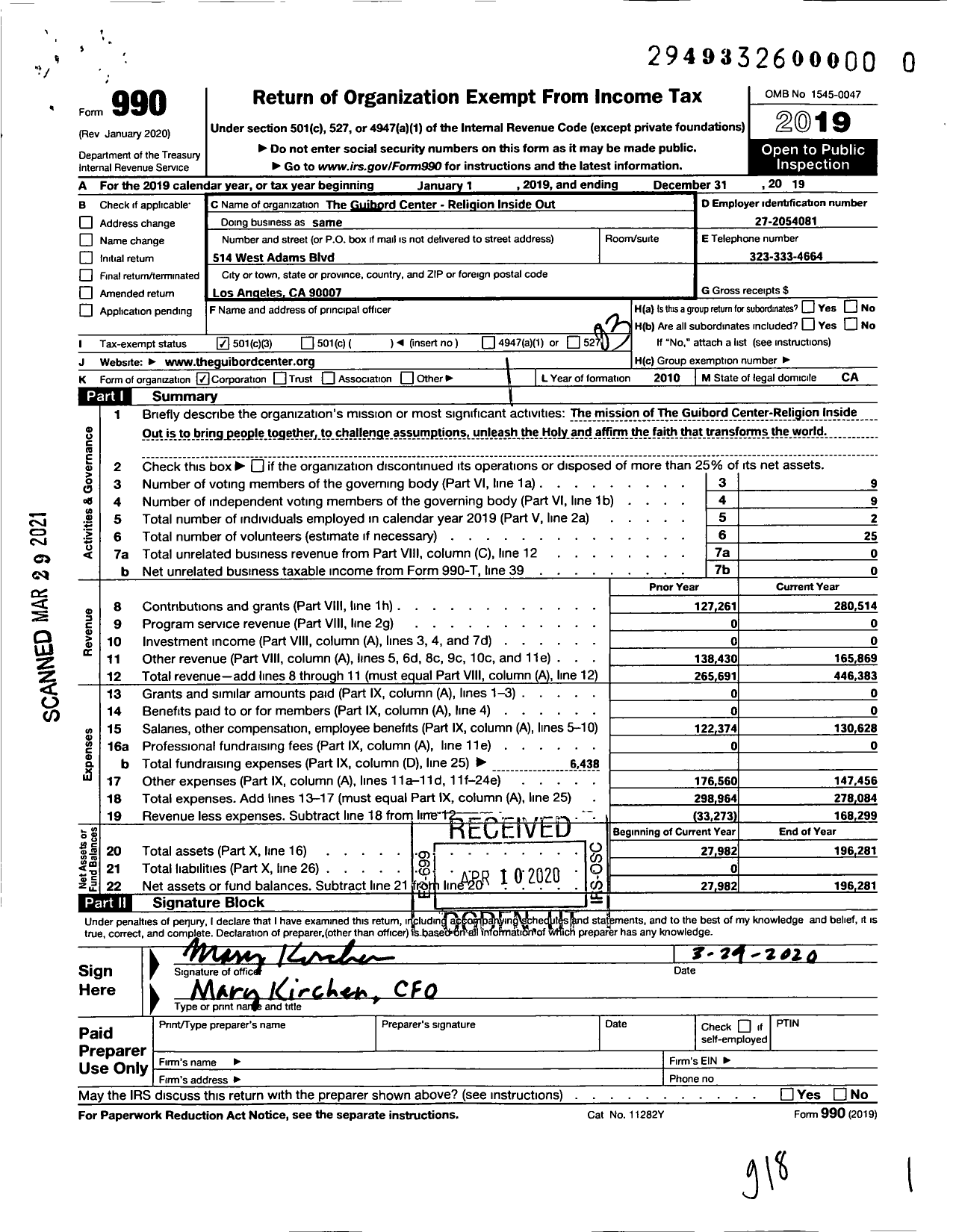 Image of first page of 2019 Form 990 for The Guibord Center - Religion Inside Out