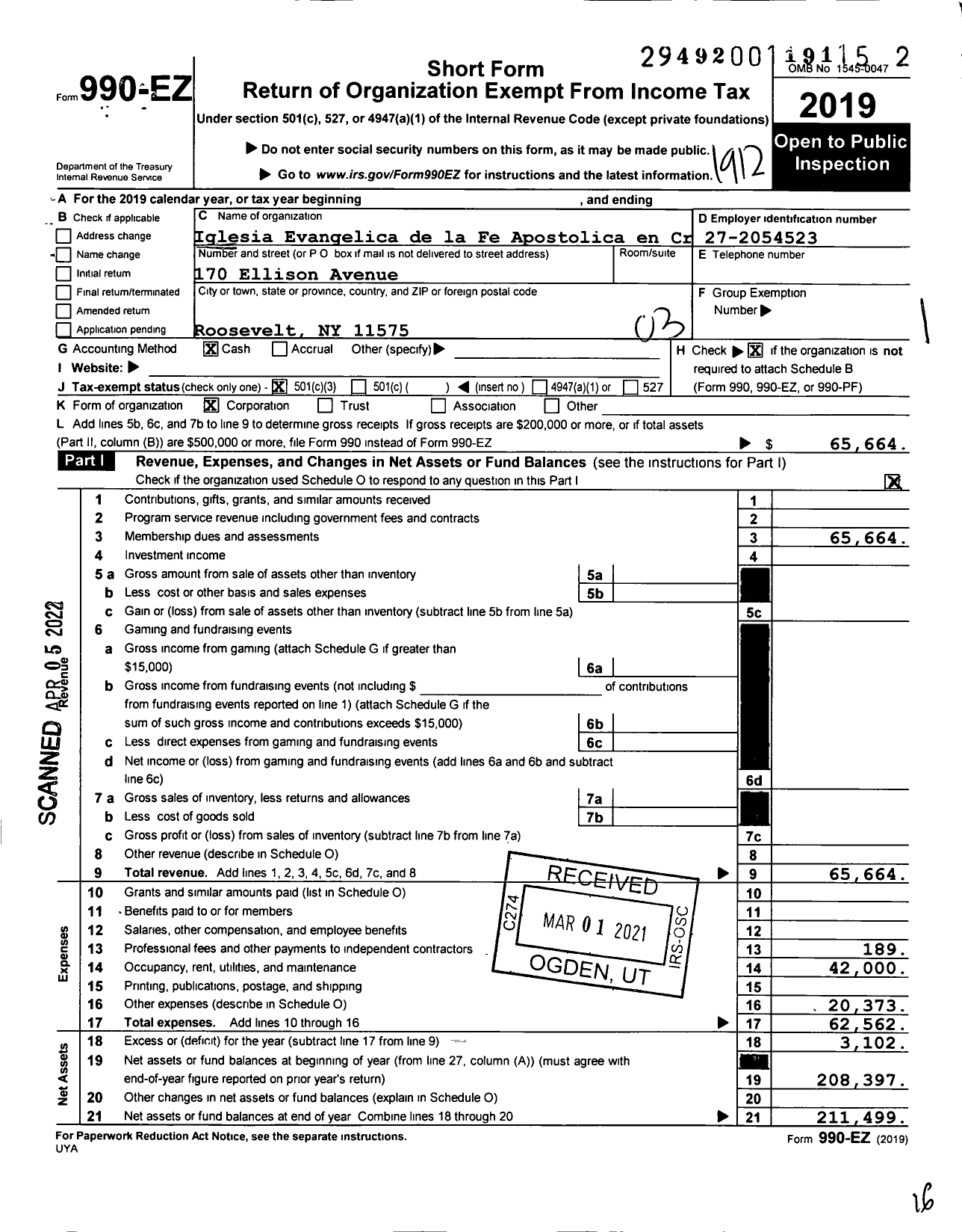 Image of first page of 2019 Form 990EZ for Iglesia Evangelica de la Fe Apostolica en Cristo Jesus