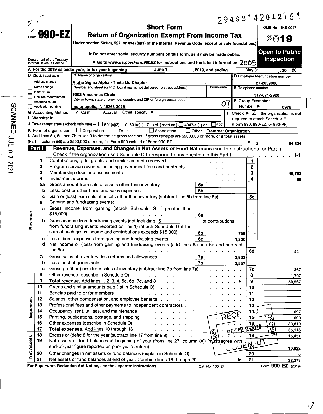 Image of first page of 2019 Form 990EO for Alpha Sigma Alpha Sorority / Theta Mu Chapter