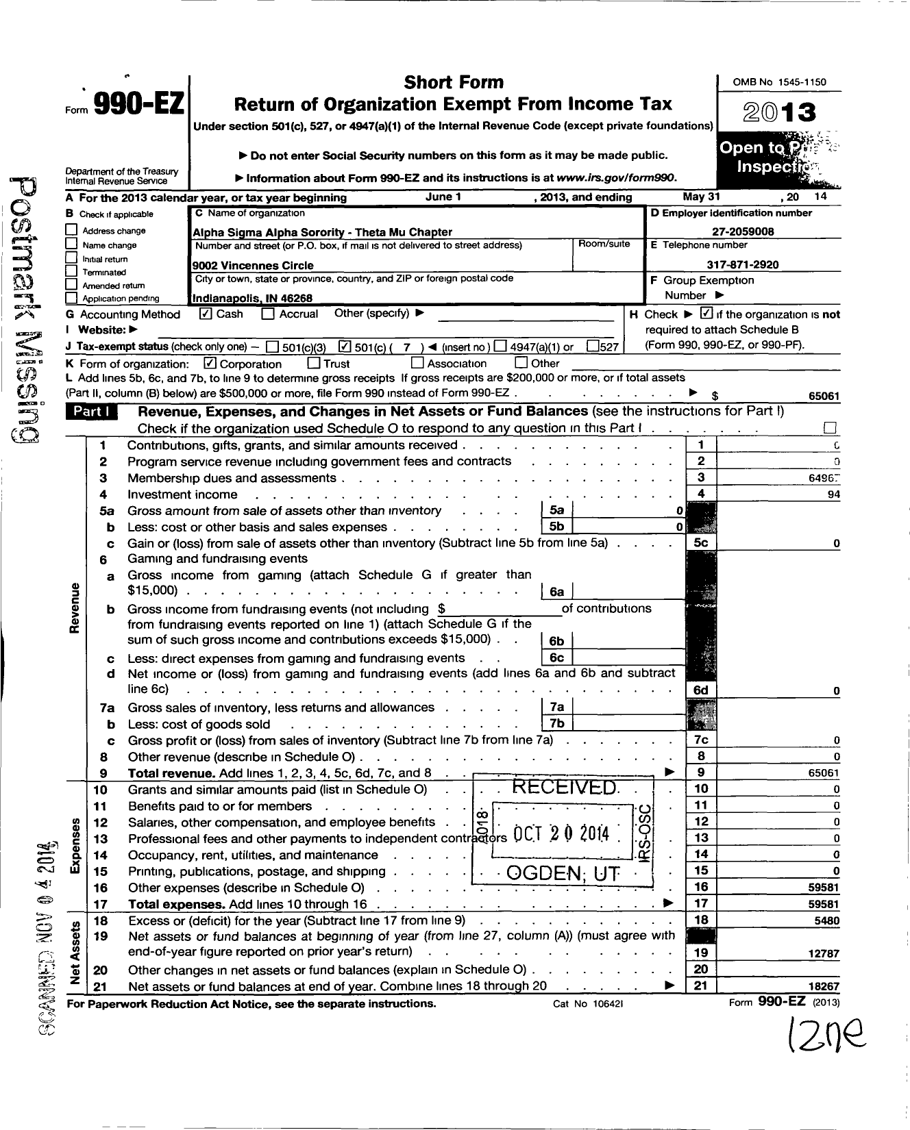 Image of first page of 2013 Form 990EO for Alpha Sigma Alpha Sorority / Theta Mu Chapter