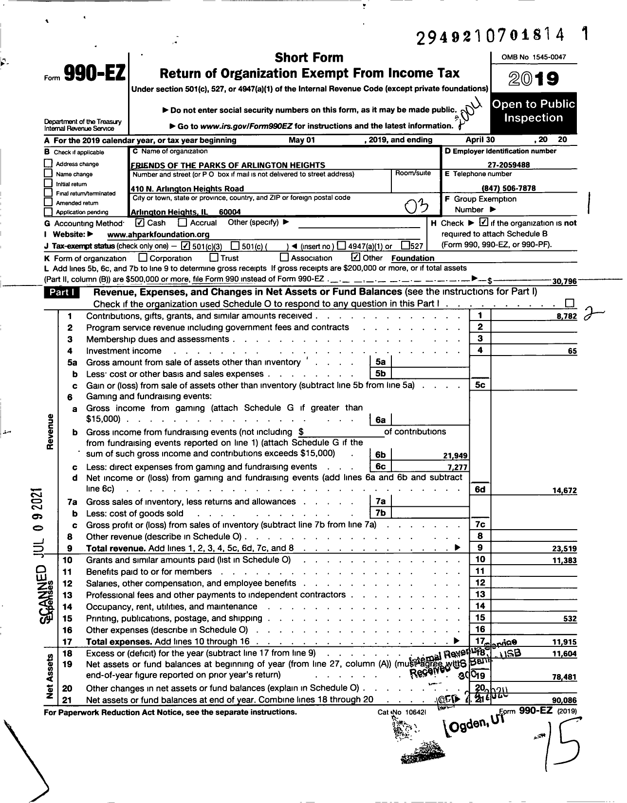 Image of first page of 2019 Form 990EZ for Friends of the Parks of Arlington Heights