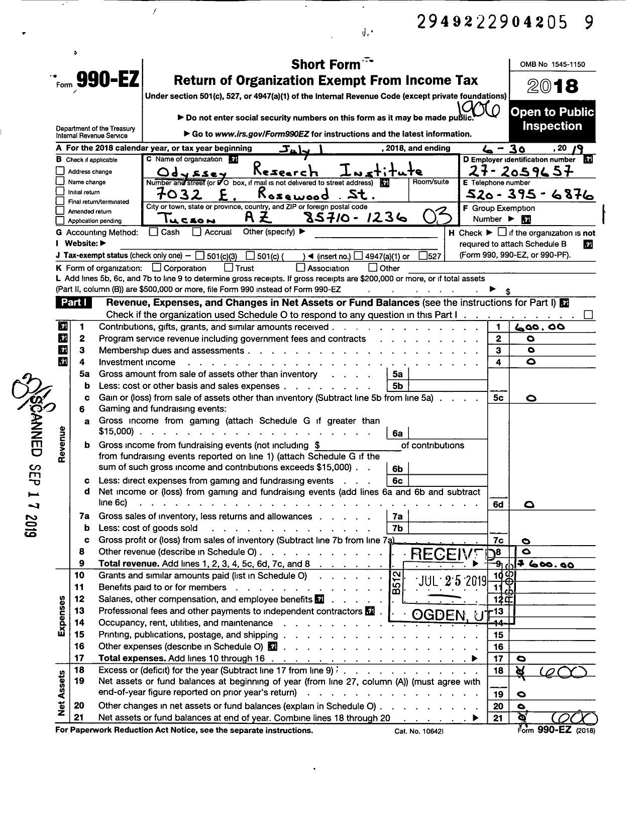 Image of first page of 2018 Form 990EZ for Odyssey Research Institute