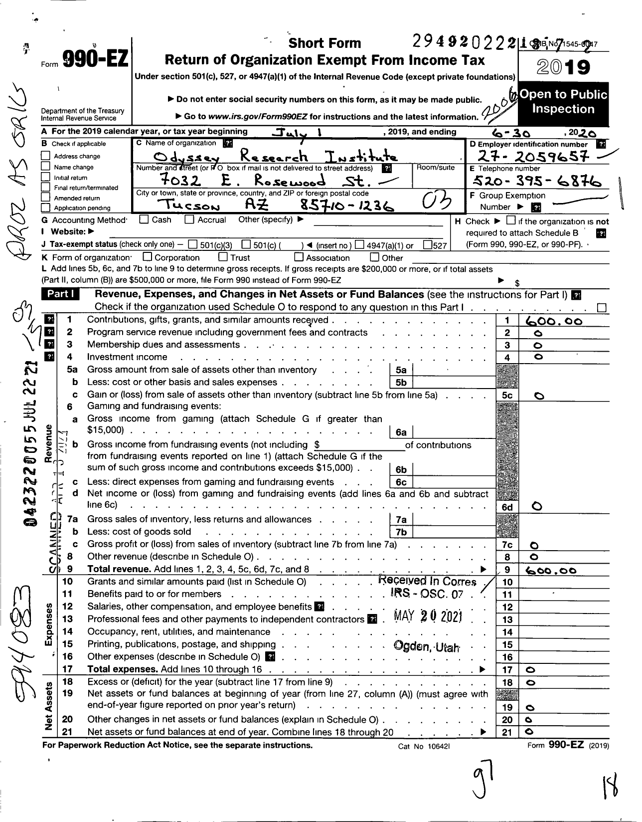 Image of first page of 2019 Form 990EZ for Odyssey Research Institute