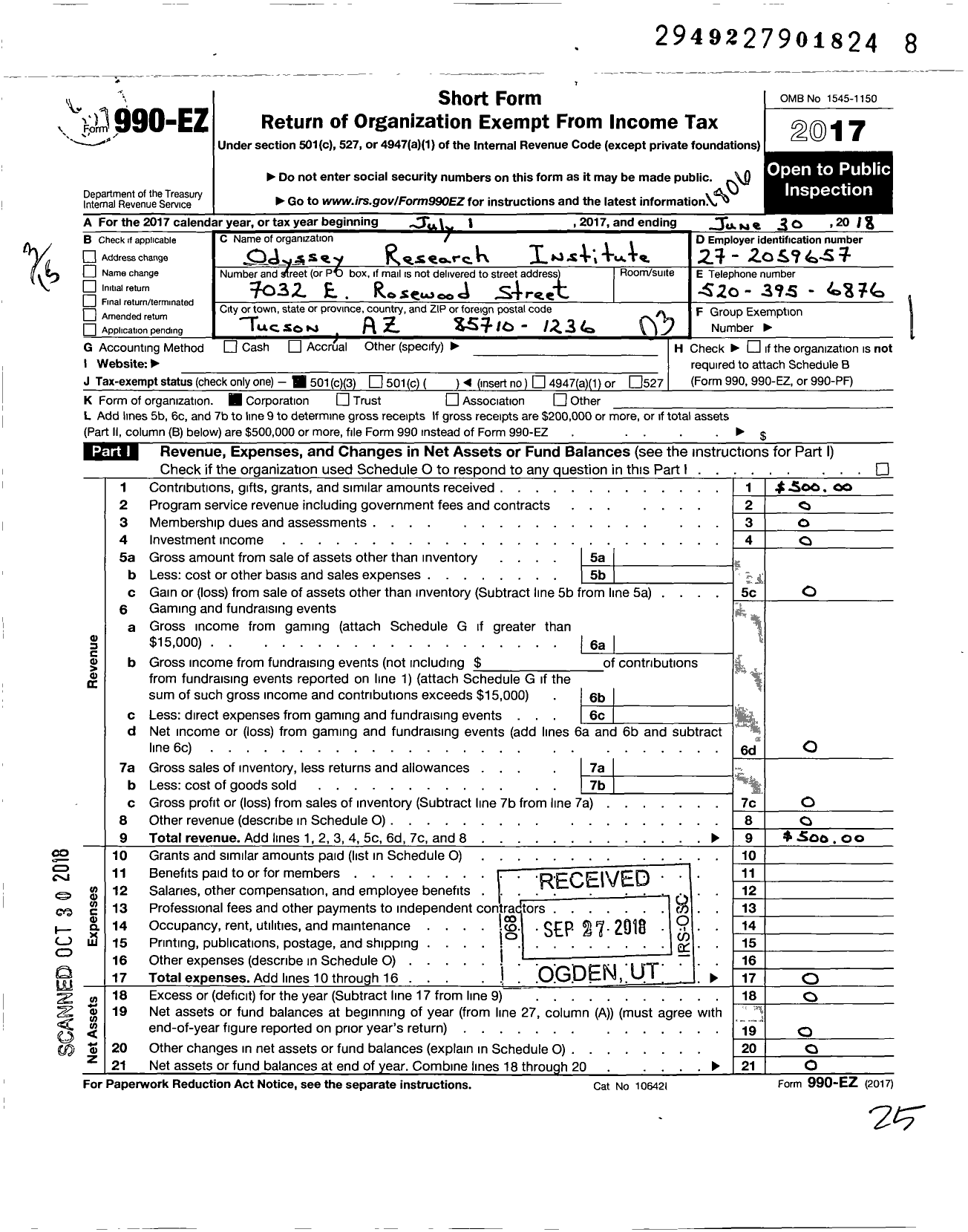 Image of first page of 2017 Form 990EZ for Odyssey Research Institute