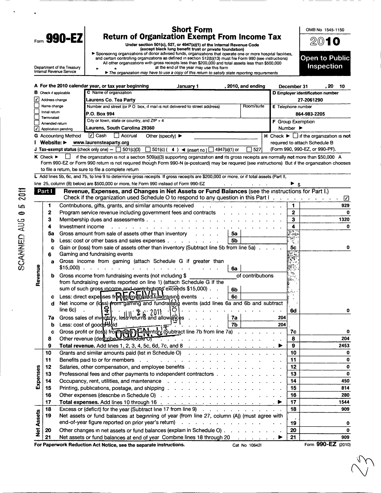 Image of first page of 2010 Form 990EO for Laurens County Tea Party