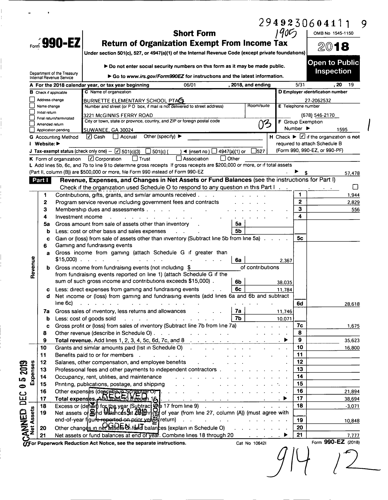 Image of first page of 2018 Form 990EZ for Georgia PTA - Burnette Es PTA