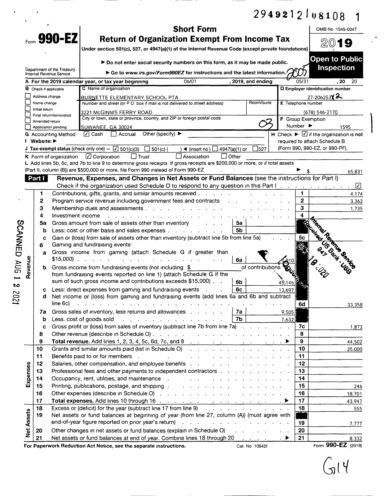 Image of first page of 2019 Form 990EZ for Georgia PTA - Burnette Es PTA