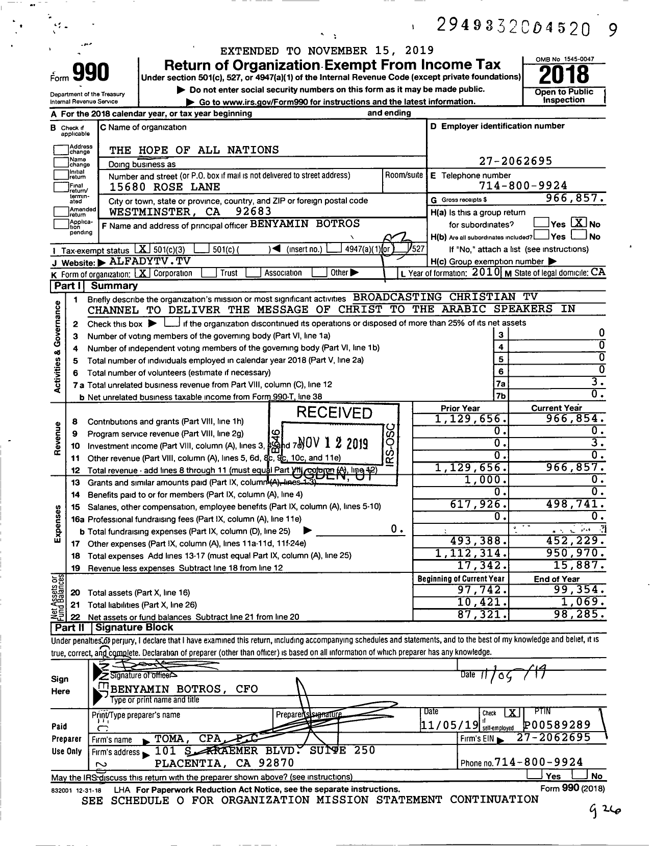 Image of first page of 2018 Form 990 for The Hope of All Nations