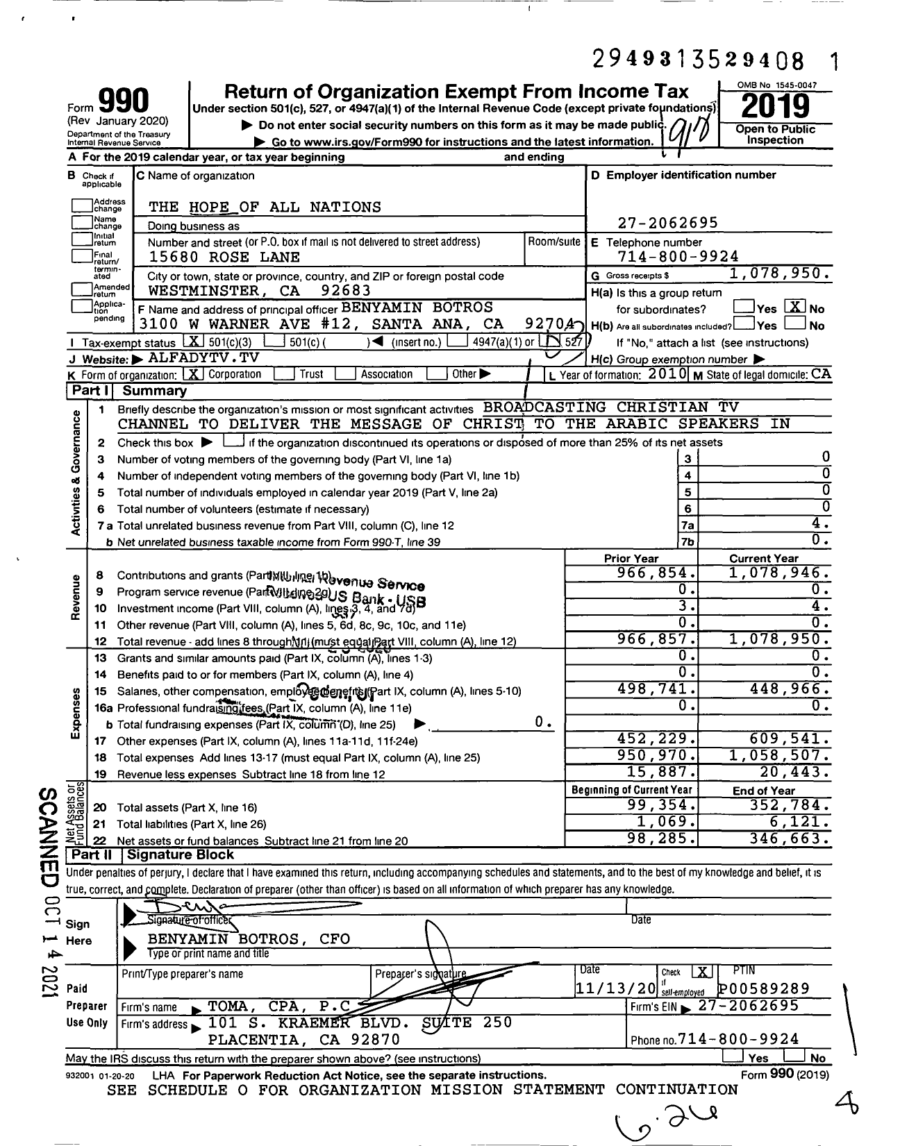 Image of first page of 2019 Form 990 for The Hope of All Nations