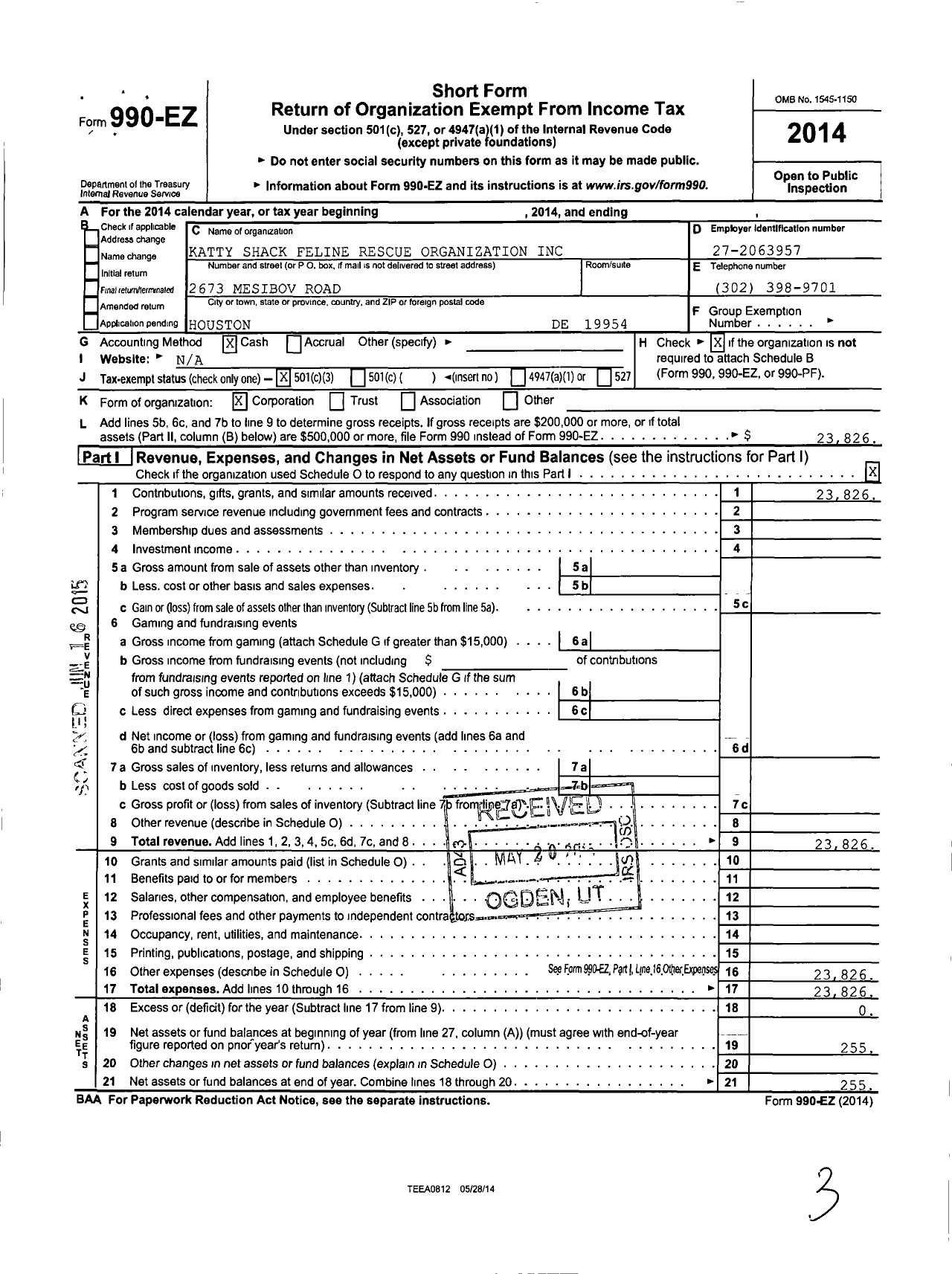 Image of first page of 2014 Form 990EZ for Katty Shackfeline Rescue Organization