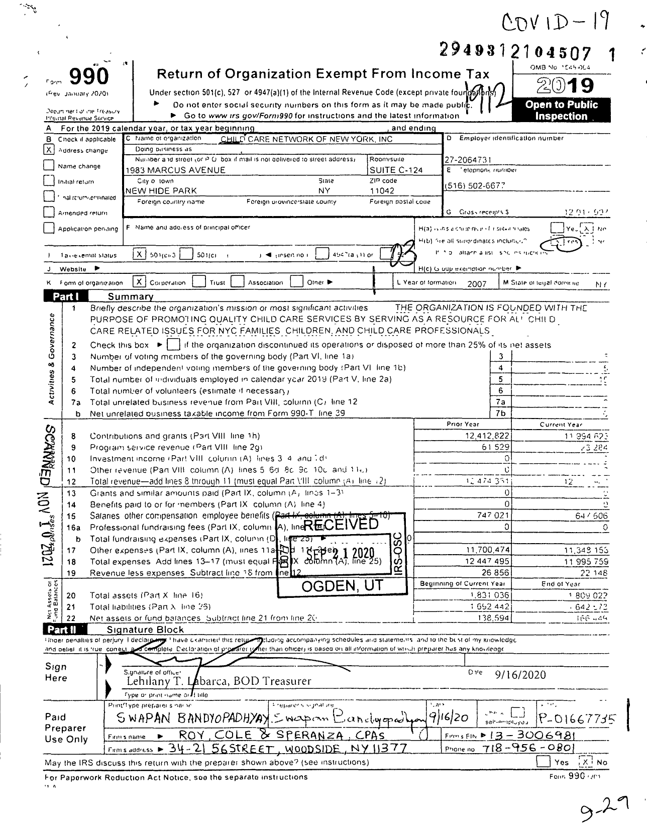 Image of first page of 2019 Form 990 for Child Care Network of New York (CCN of NY)