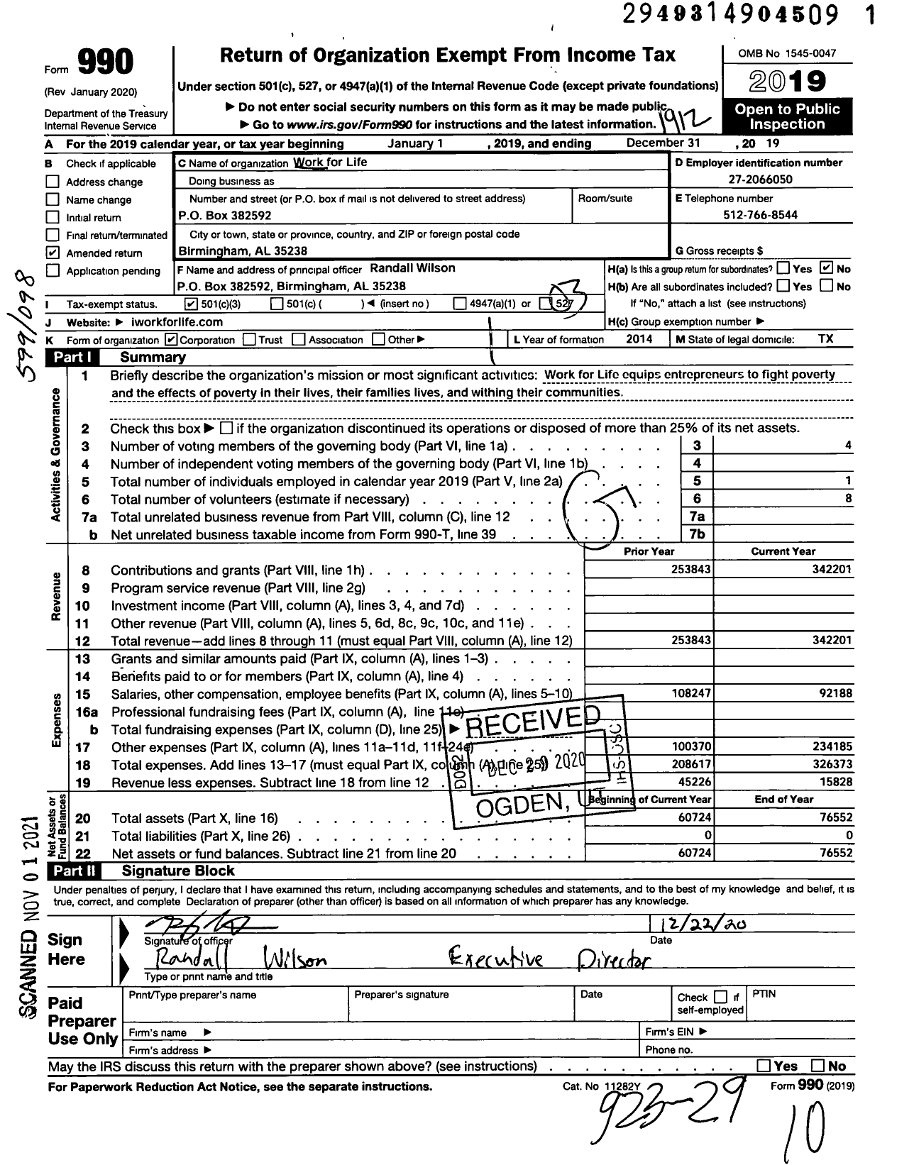 Image of first page of 2019 Form 990 for Work for Life