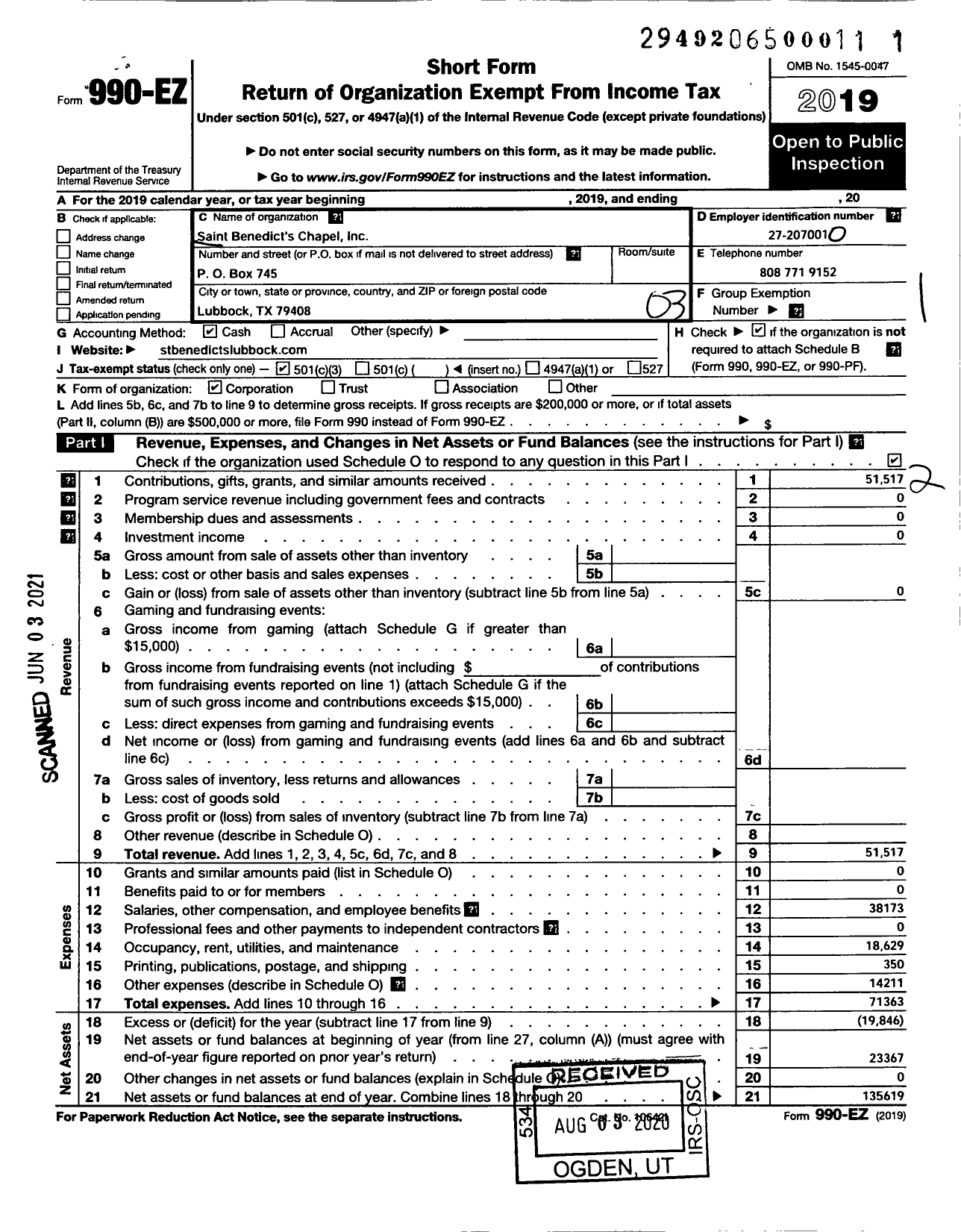 Image of first page of 2019 Form 990EZ for Saint Benedict's Chapel